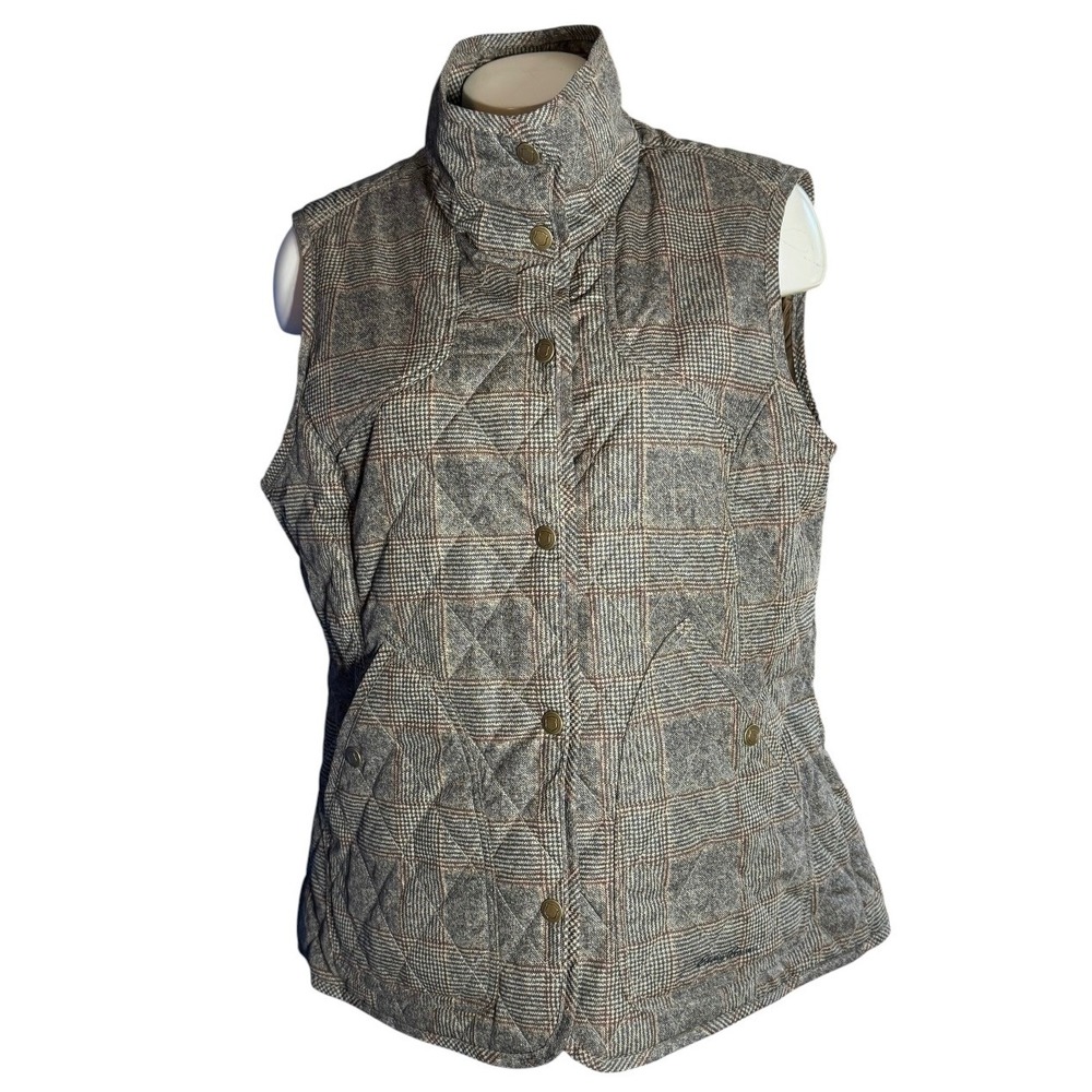Eddie Bauer Sport Shop Women Large Quilted Plaid Vest Brown Snap Front Insulated